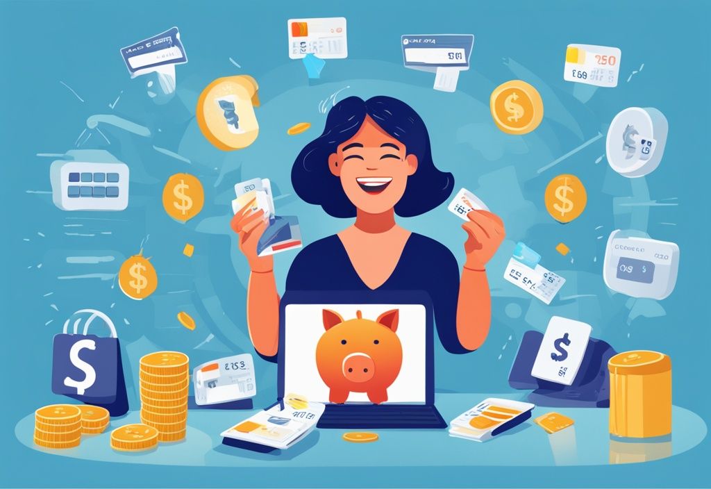 Moderne digitale Illustration in Blau mit glücklicher Person, umgeben von Finanzsymbolen wie Kreditkarten, Banknoten, Sparschwein und steigendem Diagramm, symbolisiert erfolgreiche Finanzverwaltung und positive My Best Finance Kredit Erfahrungen.