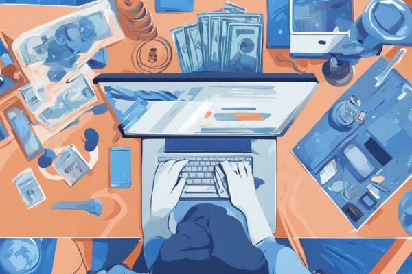 Top Geheimnisse: Wie komme ich schnell an Geld ohne Kredit? Moderne digitale Illustration in Blau zeigt schnelle Verdienstmethoden wie Freelance-Arbeit, Verkauf ungenutzter Gegenstände und bezahlte Umfragen – wie komme ich schnell an Geld ohne Kredit