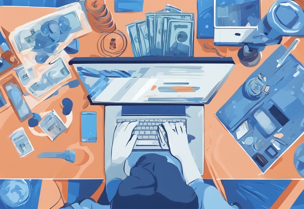 Moderne digitale Illustration in Blau zeigt schnelle Verdienstmethoden wie Freelance-Arbeit, Verkauf ungenutzter Gegenstände und bezahlte Umfragen – wie komme ich schnell an Geld ohne Kredit