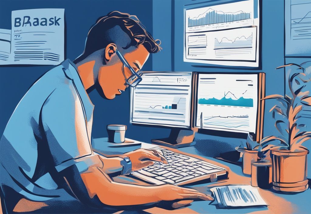 Moderne digitale Illustration einer Person am Schreibtisch, die auf ihrem Computer ein Diagramm vergleicht, um herauszufinden, welche Bank hat die niedrigsten Zinsen bei Kredit.