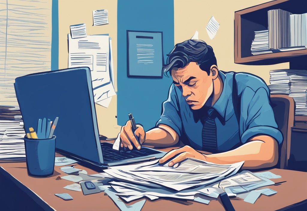Frustrierte Person am Schreibtisch mit Papierstapel und Laptop mit abgelehnter Kreditanfrage, moderne digitale Illustration in Blau.