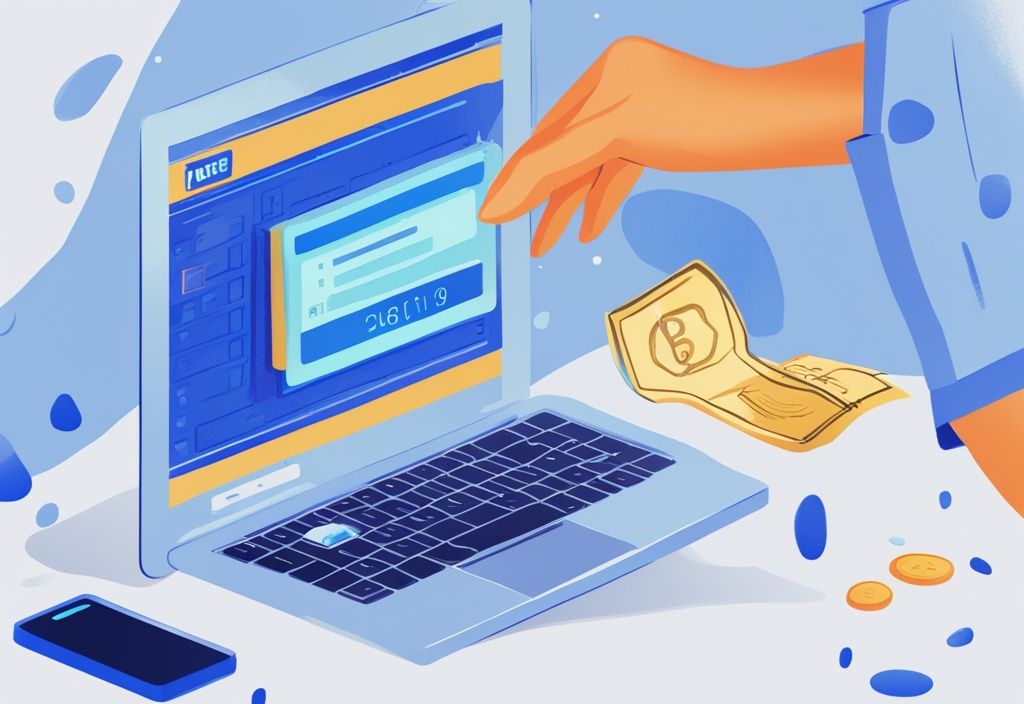 Nahaufnahme eines Computerbildschirms mit geöffneter Auxmoney-Website, Benutzer gibt Daten ein, um Kredit zu erhalten, modernes digitales Gemälde in Blau.