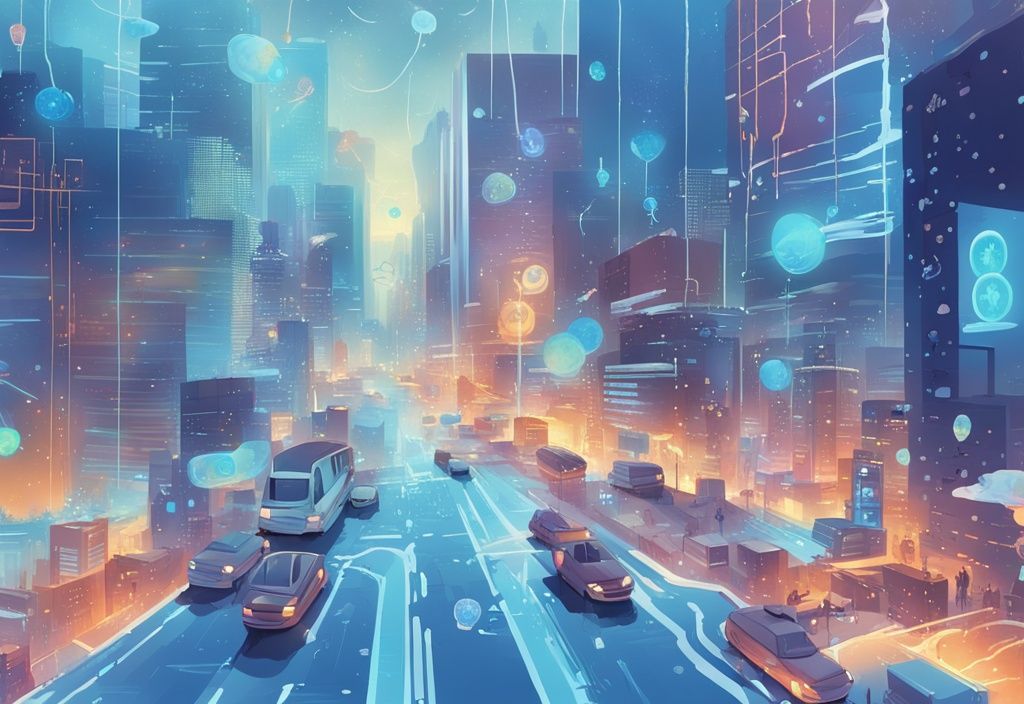 Moderne digitale Illustration einer geschäftigen Stadtlandschaft im Hintergrund, im Vordergrund eine Weltkarte mit farbcodierten Pins und holografischen Währungssymbolen auf einem digitalen Tablet-Bildschirm, ideal für Kredit aus dem Ausland.