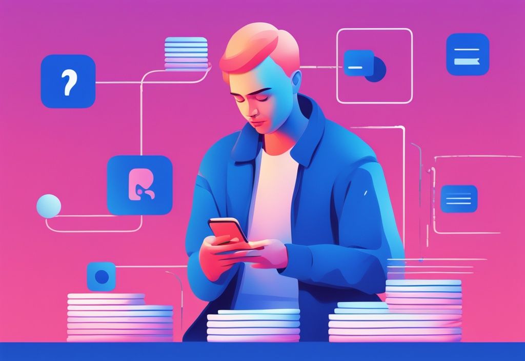 Moderne digitale Illustration einer Person, die die Revolut-App auf ihrem Smartphone betrachtet, mit Fokus auf die Kreditvoraussetzungen, Hauptfarbthema Blau.