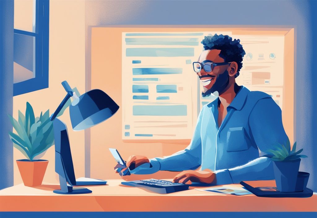 Moderne digitale Illustration einer glücklichen Person am Schreibtisch, die auf einem Computerbildschirm eine Kreditvereinbarung oder einen Kreditrechner mit einem Nettoeinkommen von 3500 überprüft, Hauptfarbthema Blau.