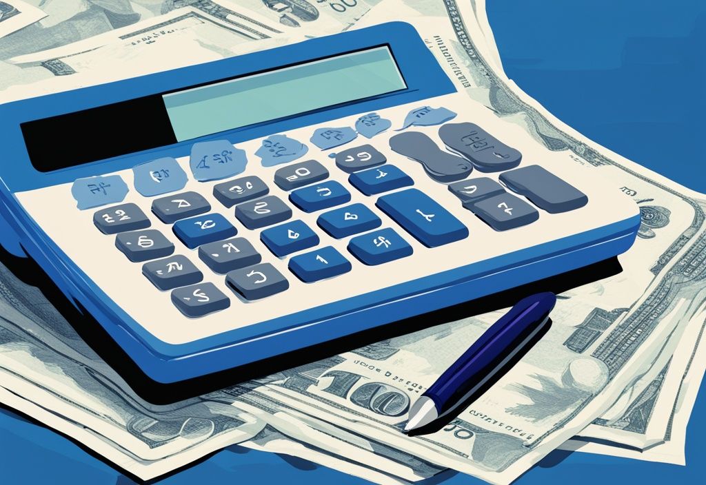 Digitales Gemälde mit blauem Farbschema, zeigt 400.000 Euro Geldstapel, Taschenrechner mit Kreditkosten, Vertrag und Stift.