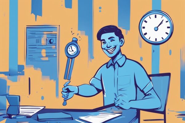 Moderne digitale Illustration eines glücklichen Individuums, das triumphierend eine bearbeitete Bon Kredit Vereinbarung hält, mit einer digitalen Uhr im Hintergrund, die eine kurze Dauer anzeigt, was auf eine schnelle Auszahlung hinweist. Bon Kredit wie lange dauert die Auszahlung.
