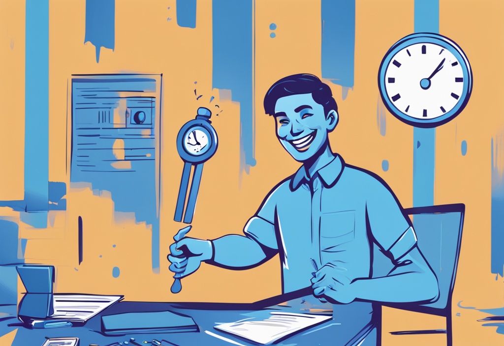 Moderne digitale Illustration eines glücklichen Individuums, das triumphierend eine bearbeitete Bon Kredit Vereinbarung hält, mit einer digitalen Uhr im Hintergrund, die eine kurze Dauer anzeigt, was auf eine schnelle Auszahlung hinweist. Bon Kredit wie lange dauert die Auszahlung.