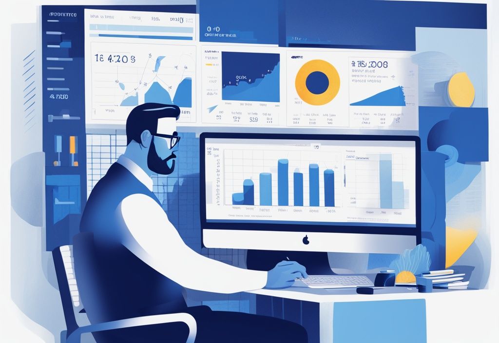 Moderner digitaler Gemäldeillustration eines Finanzberaters vor einem Computerbildschirm mit Diagrammen und Zahlen, der das potenzielle Kreditvolumen bei einem Nettoeinkommen von 4000 zeigt, wie viel Kredit bei 4000 netto.