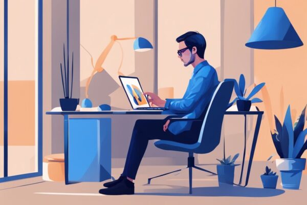 Moderne digitale Illustration einer Person in smart-casualer Kleidung, die in einem eleganten, modernen Büro sitzt und auf ihrem Laptop die Bon Kredit-Website durchsucht, was ist Bon Kredit.
