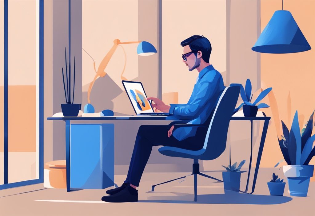 Moderne digitale Illustration einer Person in smart-casualer Kleidung, die in einem eleganten, modernen Büro sitzt und auf ihrem Laptop die Bon Kredit-Website durchsucht, was ist Bon Kredit.