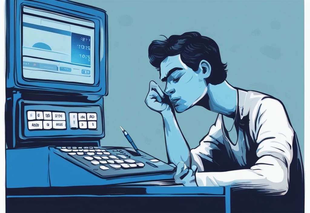 Moderne digitale Illustration einer Person, die über einen Taschenrechner mit der Anzeige 1700 nachdenkt, was die Bedenken über die Kreditwürdigkeit bei ihrem Nettoeinkommen widerspiegelt, Hauptfarbthema Blau.