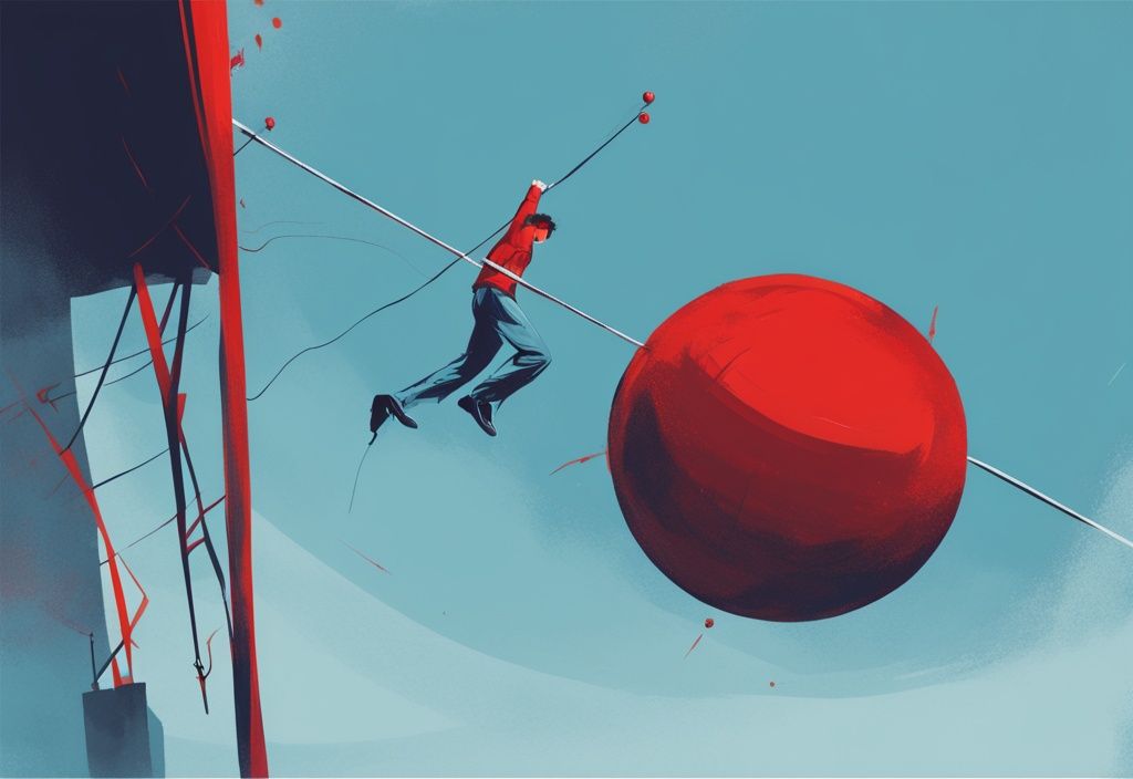 Moderne digitale Malerei eines Seiltänzers, der vorsichtig von einem großen roten Ball, der Schulden symbolisiert, Richtung finanzieller Unabhängigkeit balanciert, Hauptfarbe Blau.