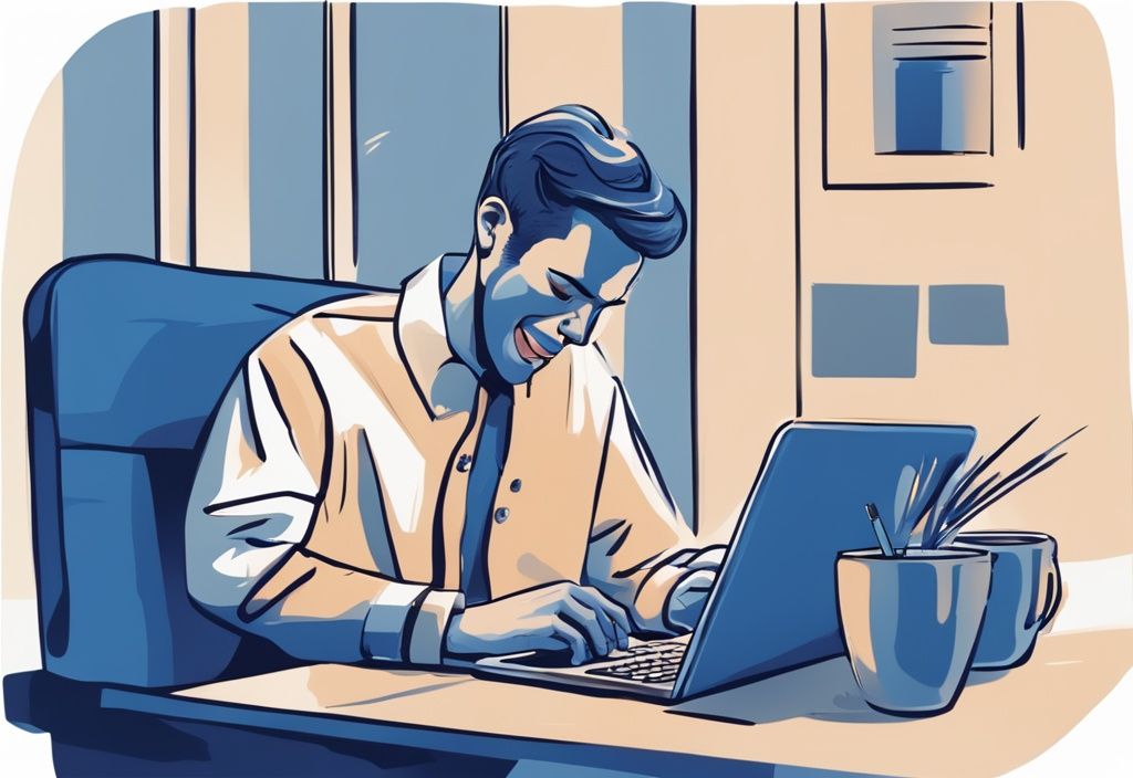 Moderne digitale Illustration einer erleichterten Person, die online ihren Kontoauszug überprüft, nachdem der Kredit wurde ausgezahlt wann auf Konto. Hauptfarbthema: Blau.