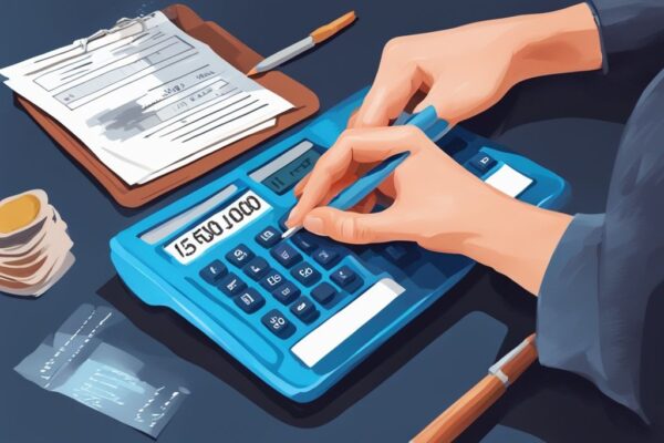 Moderne digitale Illustration in Blau: Hand mit Stift über einem Vertrag mit der Aufschrift "Darlehensvertrag über 150.000 Euro", daneben ein Taschenrechner mit Gesamtkostenanzeige, was kostet ein Kredit über 150.000 Euro.