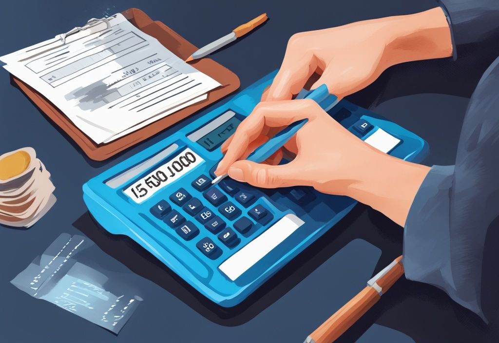 Moderne digitale Illustration in Blau: Hand mit Stift über einem Vertrag mit der Aufschrift "Darlehensvertrag über 150.000 Euro", daneben ein Taschenrechner mit Gesamtkostenanzeige, was kostet ein Kredit über 150.000 Euro.
