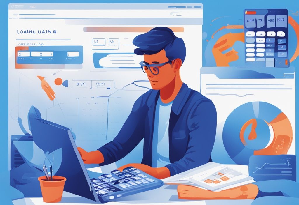 Moderner digitaler Gemäldeillustration eines Mannes, der auf seinem Laptop mit einem Online-Kreditrechner interagiert, um herauszufinden, wie viel Kredit bekomme ich, mit verschiedenen Zahlen und Kreditbeträgen auf dem Bildschirm.