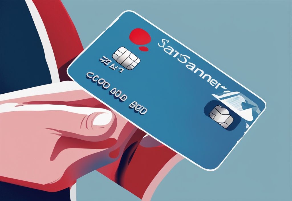 Moderne digitale Illustration in Blau, Person schneidet glücklich eine Santander Kreditkarte durch, symbolisiert die Freiheit, den Santander Kredit ablösen zu können.