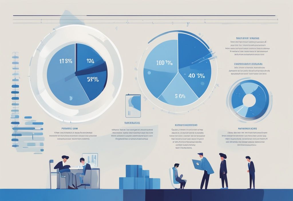 Moderne digitale Illustration in Blau, die den Prozess der Kredittilgung erklärt: Infografik mit einem in Haupt- und Zinsanteile unterteilten Kreisdiagramm, einem sinkenden Kreditsaldo-Diagramm und kleinen Figuren, die Zahlungen über die Zeit leisten. Keyword: was ist eine Tilgung bei einem Kredit.
