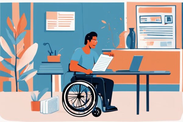 Moderne digitale Illustration in Blau: Rollstuhlfahrer freut sich über zinslosen Behinderten Kredit, während er an einem Tisch mit Papierkram sitzt und ein Schild "Zinsloser Kredit genehmigt" zeigt.