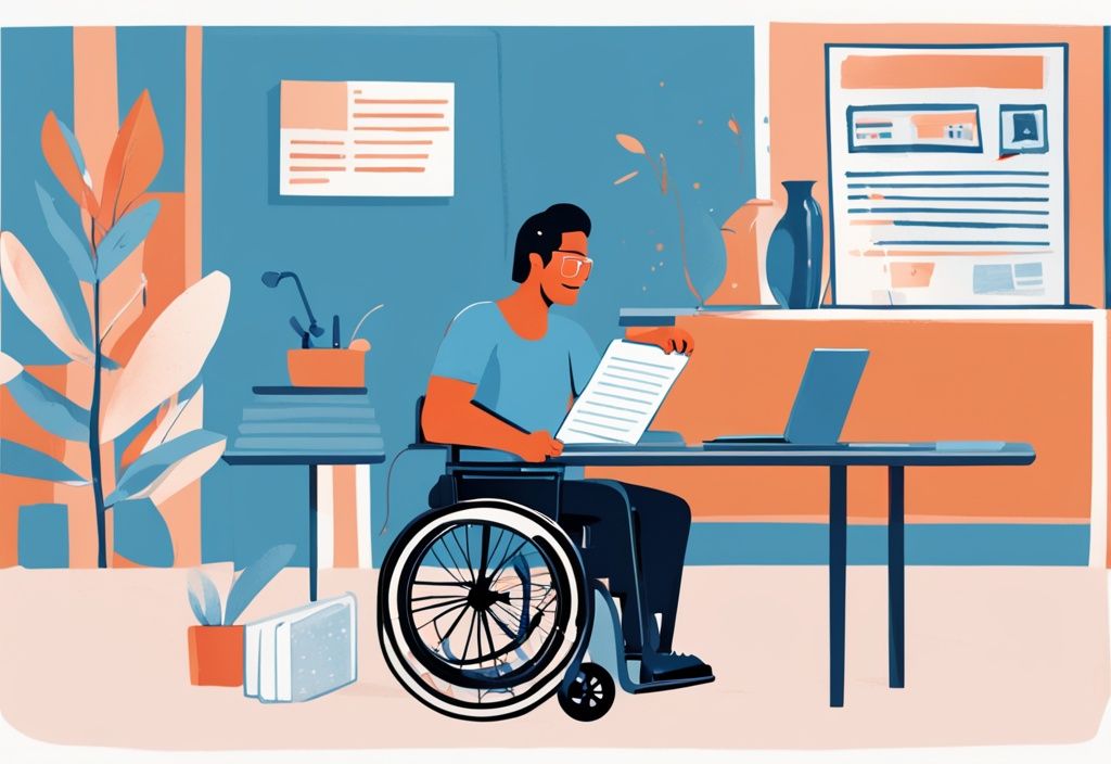 Moderne digitale Illustration in Blau: Rollstuhlfahrer freut sich über zinslosen Behinderten Kredit, während er an einem Tisch mit Papierkram sitzt und ein Schild "Zinsloser Kredit genehmigt" zeigt.