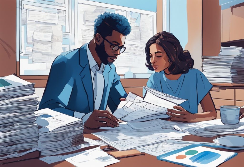 Ein Paar diskutiert Einkommensanforderungen für einen 500.000-Euro-Kredit an einem Tisch mit Finanzdokumenten, moderne digitale Illustration in Blau.