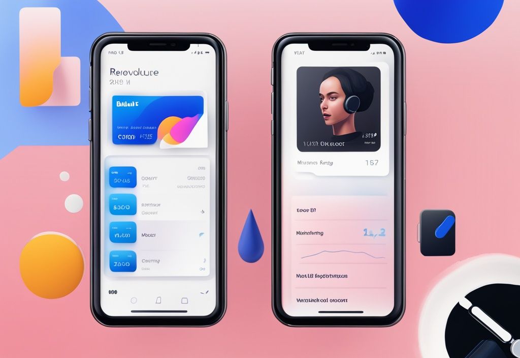 Moderne digitale Malerei mit blauem Farbschema, zeigt Smartphone-Bildschirm mit Revolut Kredit-Interface und hervorgehobenen Funktionen.