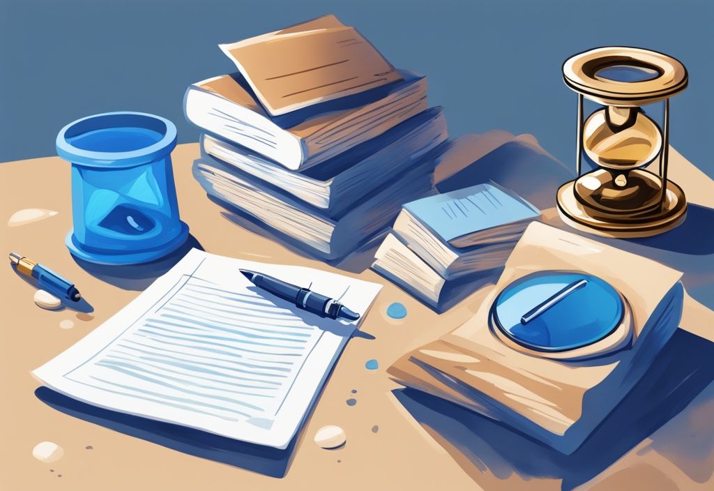Moderne digitale Malerei mit blauem Farbschema, Sanduhr neben einem Stapel Dokumente und einem Stift, symbolisiert wie lange dauert es bis ein Kredit ausgezahlt wird.