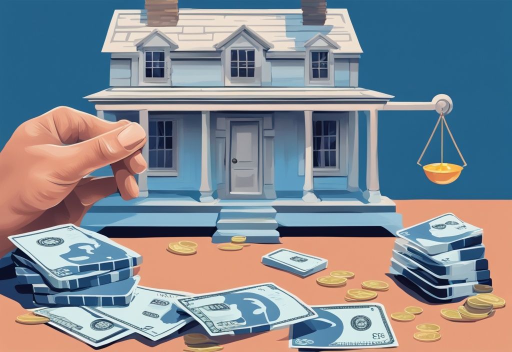 Moderne digitale Illustration mit blauem Farbthema: Eine Waage mit Kreditkarte und Bargeld auf einer Seite, und einem Haus und einem Bausparvertrag auf der anderen. Keyword: Kredit mit Bausparvertrag kombinieren.