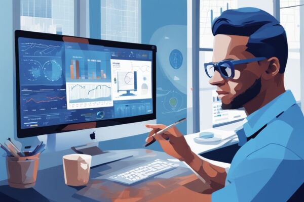 Ermitteln Sie: Wie viel Kredit bei 4000 netto möglich ist! Moderne digitale Illustration eines Finanzberaters vor einem Computerbildschirm mit Diagrammen und Zahlen, die zeigen, wie viel Kredit bei 4000 netto möglich ist.