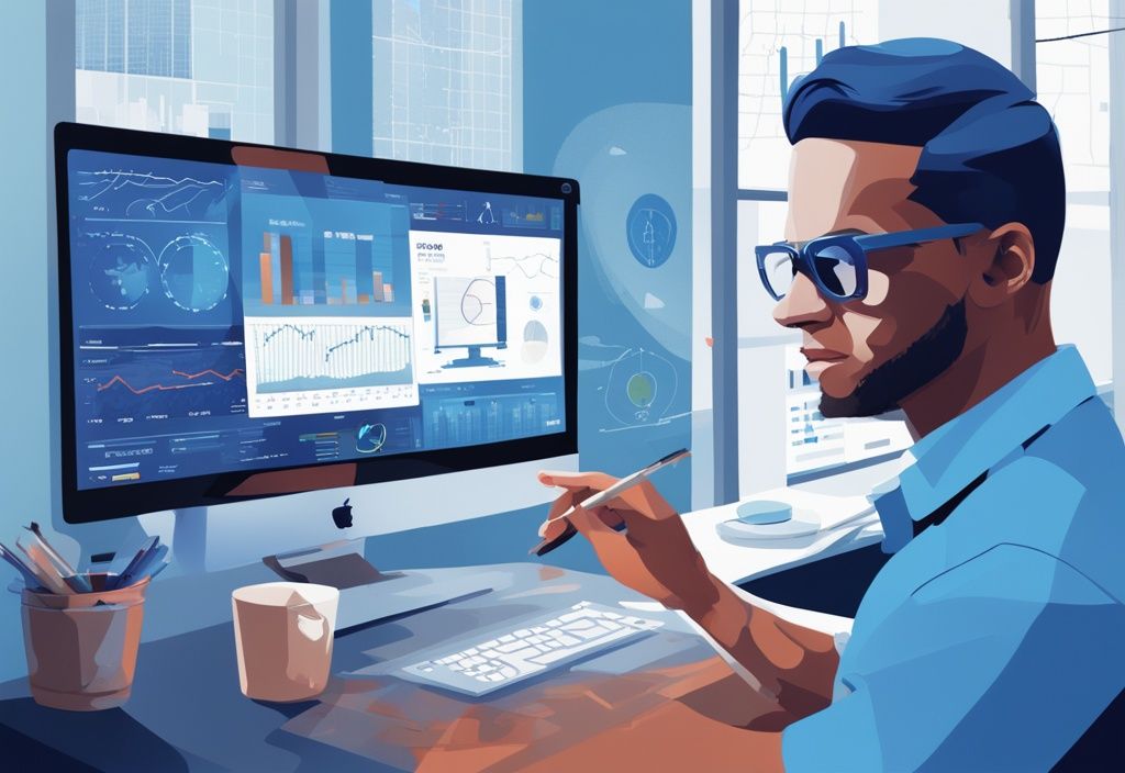 Moderne digitale Illustration eines Finanzberaters vor einem Computerbildschirm mit Diagrammen und Zahlen, die zeigen, wie viel Kredit bei 4000 netto möglich ist.