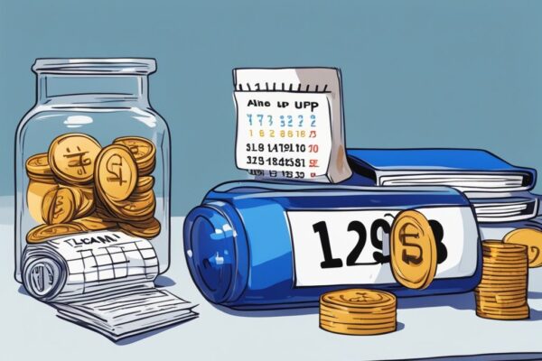 Moderne digitale Malerei mit blauem Farbschema, zeigt einen Tisch mit einem Stapel Rechnungen, einem digitalen Kalender und einer Hand, die Münzen in ein Glas mit der Aufschrift "Loan Top Up" legt; wie oft kann man einen Kredit aufstocken.