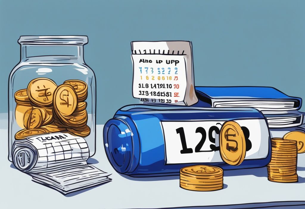 Moderne digitale Malerei mit blauem Farbschema, zeigt einen Tisch mit einem Stapel Rechnungen, einem digitalen Kalender und einer Hand, die Münzen in ein Glas mit der Aufschrift "Loan Top Up" legt; wie oft kann man einen Kredit aufstocken.