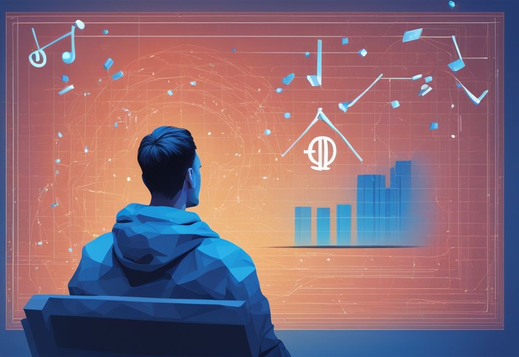 Moderne digitale Illustration einer Person, die in nachdenklicher Haltung auf eine Projektion des Symbols für 100.000 Euro blickt, mit Verbindungen zu Kredit-Scores, Zinssätzen und Rückzahlungsbedingungen. Keyword: was kostet ein Kredit über 100.000 Euro.