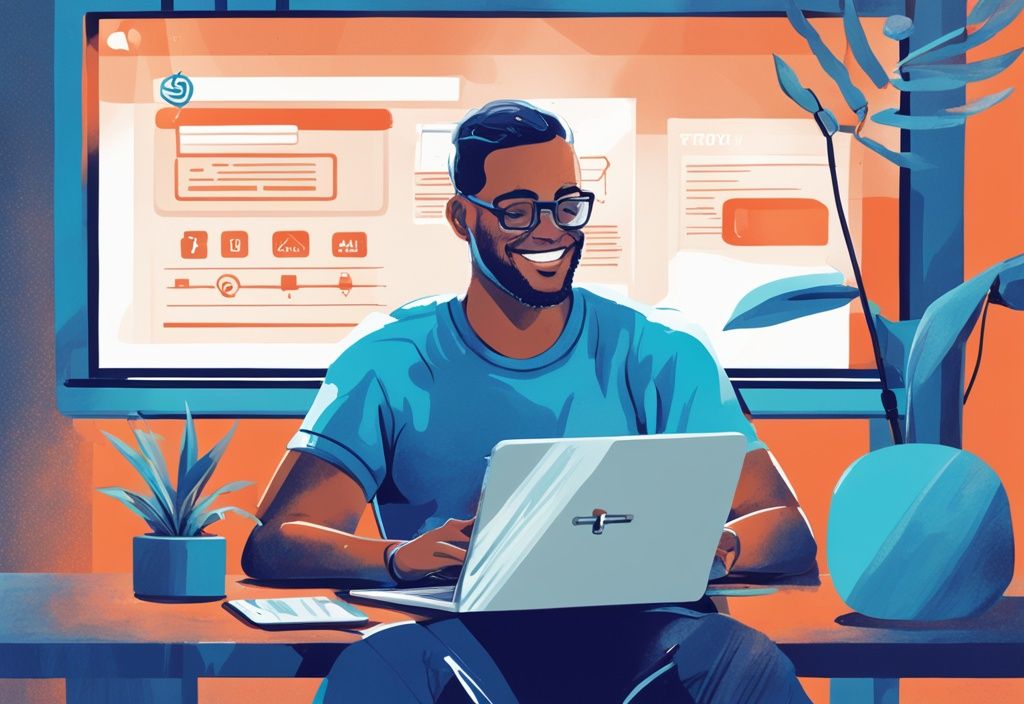 Zufriedener Kunde nutzt Online-Banking-Plattform von Targo Bank auf Laptop, positive Krediterfahrungen, moderne digitale Illustration, Hauptfarbe Blau.