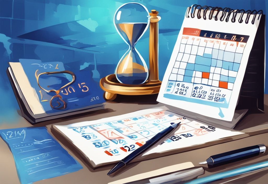 Moderne digitale Illustration, blaues Farbschema, Kalender mit markierten Terminen, glänzende Sanduhr, symbolisch für Zeit, formeller Darlehensvertrag im Hintergrund, wie lange kann man einen Kredit stunden