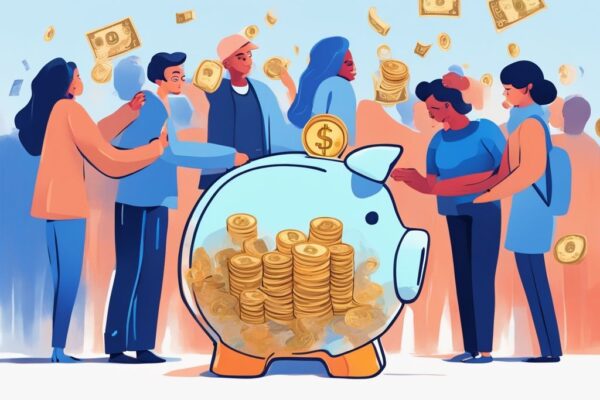 Schneller Kredit mit Bürgergeld – Stressfrei und Seriös Finanzieren Moderne digitale Malerei mit einer vielfältigen Gruppe von Bürgern, die sich um ein großes transparentes Sparschwein mit verschiedenen Banknoten und Münzen versammelt haben, Kredit mit Bürgergeld.