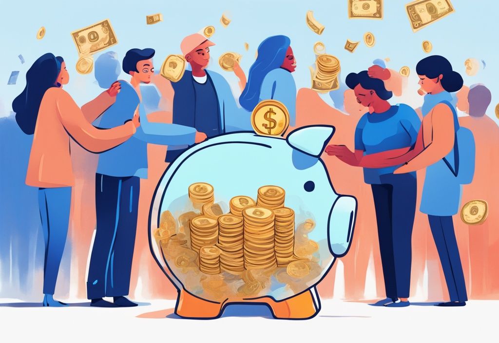 Moderne digitale Malerei mit einer vielfältigen Gruppe von Bürgern, die sich um ein großes transparentes Sparschwein mit verschiedenen Banknoten und Münzen versammelt haben, Kredit mit Bürgergeld.