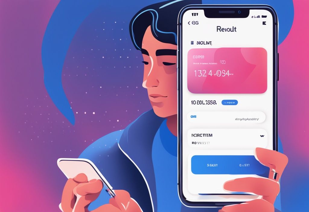 Junge Person nutzt Revolut App auf Smartphone, Bildschirm zeigt Revolut Kredit Voraussetzungen, moderne digitale Illustration in Blau.