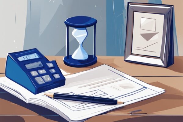Digitale Illustration mit blauem Farbthema, Sanduhr neben Dokumentenstapel und Stift, symbolisiert wie lange dauert es bis ein Kredit ausgezahlt wird