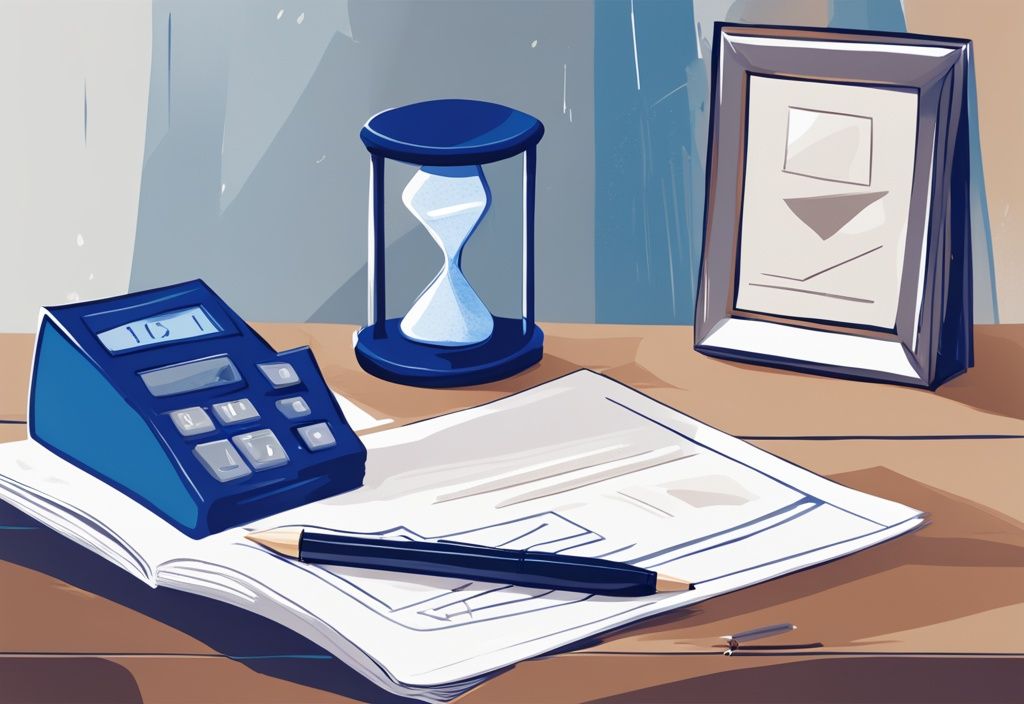 Digitale Illustration mit blauem Farbthema, Sanduhr neben Dokumentenstapel und Stift, symbolisiert wie lange dauert es bis ein Kredit ausgezahlt wird