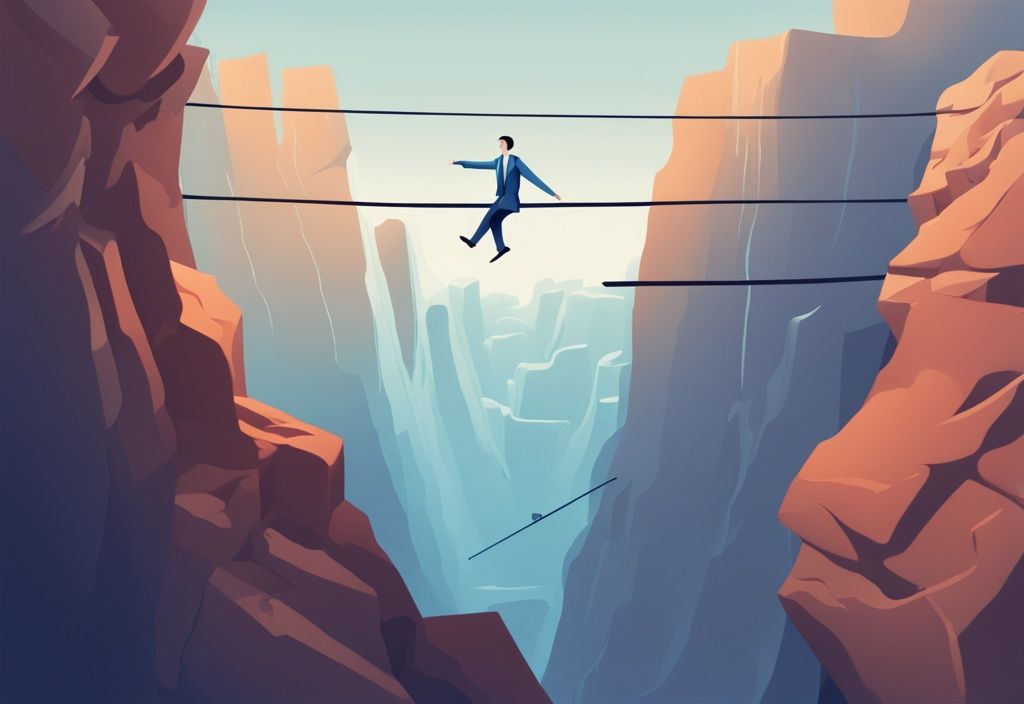 Moderne digitale Malerei, eine selbstbewusste Person balanciert präzise auf einem Seil über einer Schlucht, symbolisiert das Dispo ausgleichen ohne Kredit, Hauptfarbe Blau