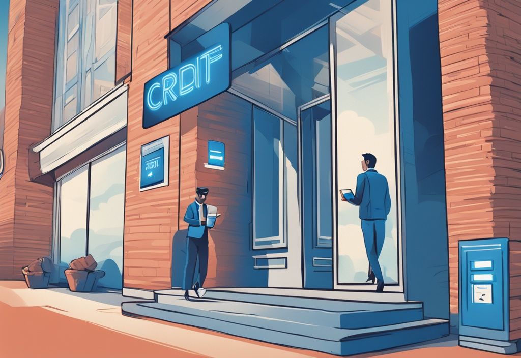 Moderne digitale Illustration in Blau: Zufriedener Kunde verlässt Bankgebäude mit genehmigtem Kreditdokument, im Hintergrund großes Schild "Kreditgenehmigung nach Entlassung".