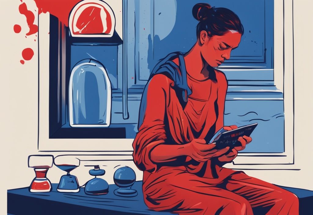 Moderne digitale Illustration in Blau: Besorgte Person beobachtet Sanduhr und hält Kreditkarte mit rotem Ablehnungsstempel.