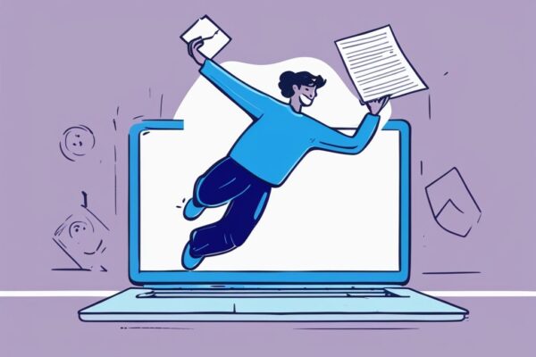 Moderne digitale Malerei mit blauem Farbschema, eine Person springt jubelnd in die Luft, hält einen digitalen Timer mit kurzer Zeit und ein Dokument zur Kreditgenehmigung, wie schnell bekommt man einen Kredit.