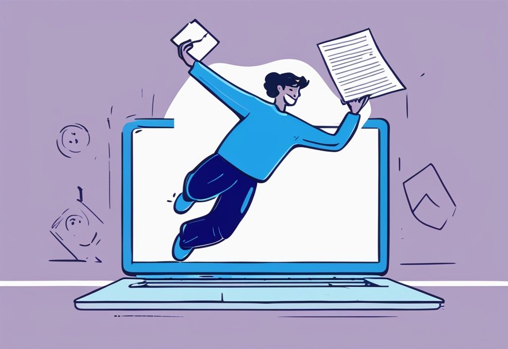 Moderne digitale Malerei mit blauem Farbschema, eine Person springt jubelnd in die Luft, hält einen digitalen Timer mit kurzer Zeit und ein Dokument zur Kreditgenehmigung, wie schnell bekommt man einen Kredit.