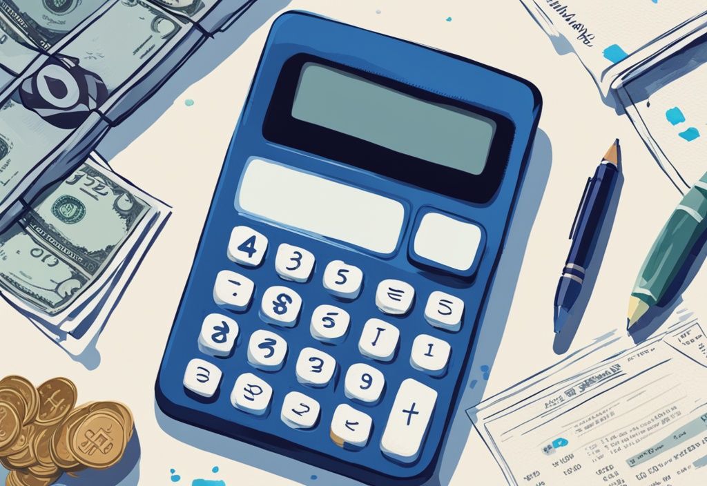 Moderne digitale Illustration mit einem blauen Farbschema, zeigt einen Taschenrechner mit "2500" auf dem Display, einen Stapel Papiere mit der Aufschrift "Kreditantrag" und verschiedene Geldbeträge, die mögliche Kreditbeträge symbolisieren.