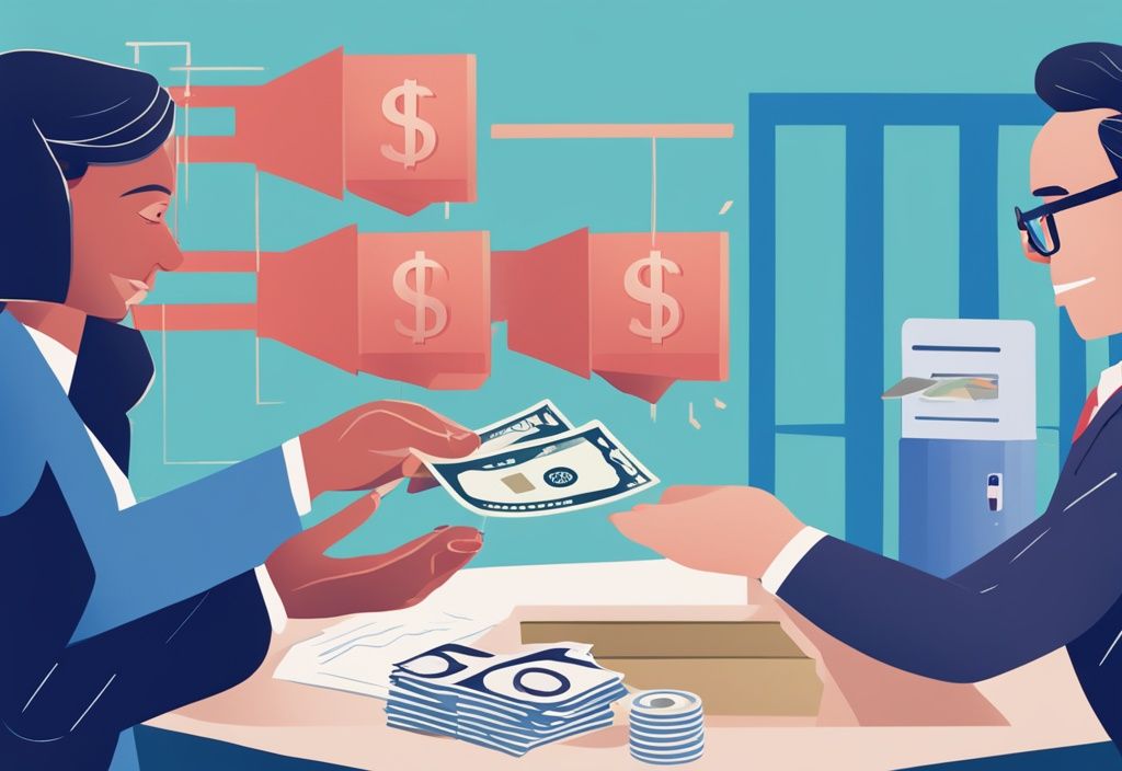 Moderne digitale Illustration eines Hauskäufers, der einem Bankvertreter ein Bündel Bargeld übergibt, mit im Hintergrund sinkenden Zinssätzen.