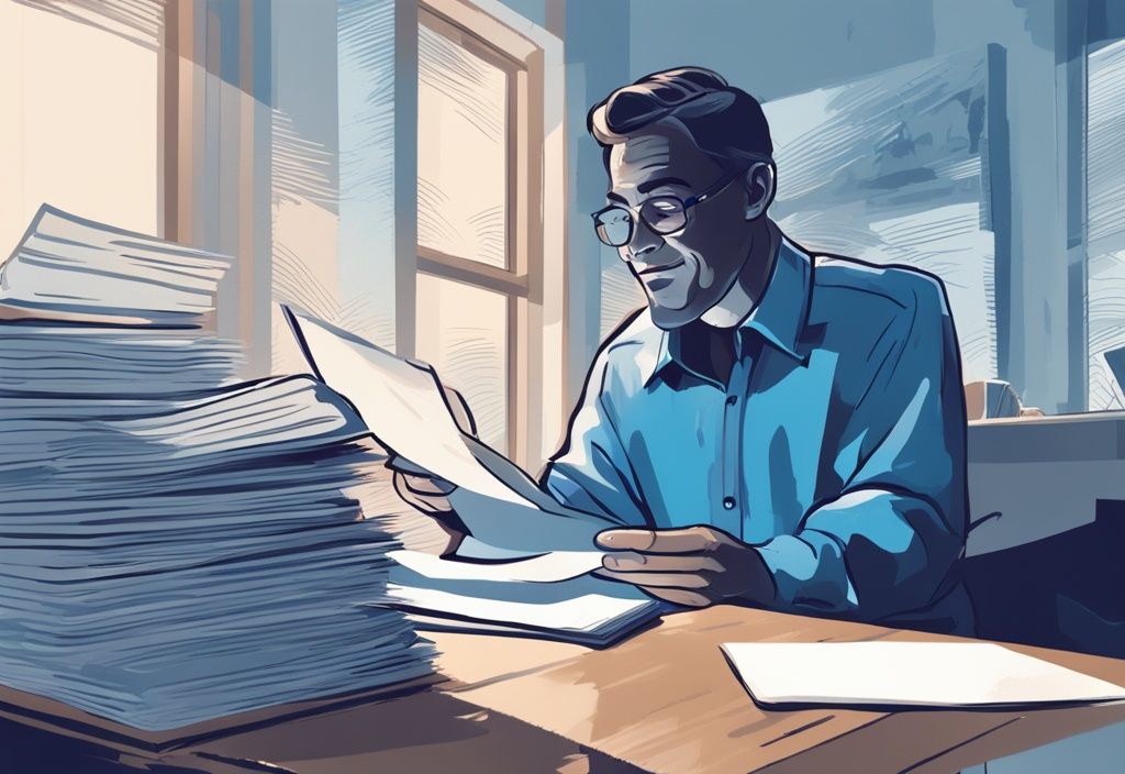 Moderne digitale Illustration eines erleichterten Menschen, der einen Genehmigungsbrief für Kredit trotz Pfändung liest, mit verblassten Schatten von Inkassobüros im Hintergrund.