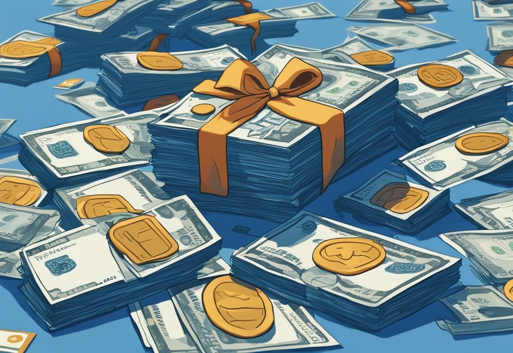 Modernes digitales Gemälde mit blauem Farbschema, zeigt 20.000 Euro Bargeldstapel und kleineren Zinsstapel, repräsentiert wie viel Zinsen bei 20000 Euro Kredit.